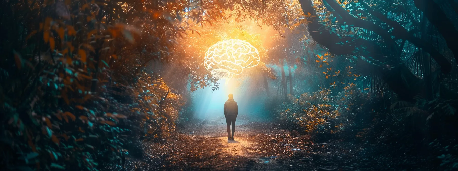 a serene nature scene bathed in soft pastel lighting captures a person standing on a tranquil path, symbolizing hope and healing in the journey of recovery from addiction, with subtle imagery of a brain and heart blending into the lush surroundings.