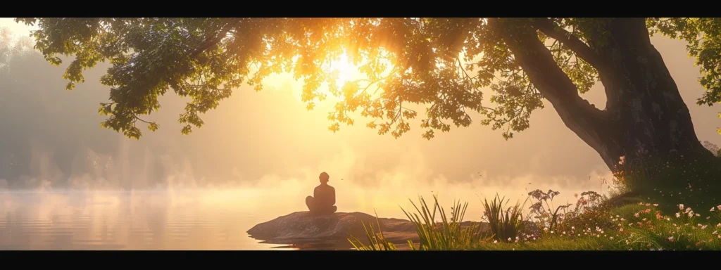 a serene nature scene captures the essence of healing, featuring a solitary figure gazing towards a soft sunrise, symbolizing hope and recovery from the intertwined struggles of addiction and mental health.