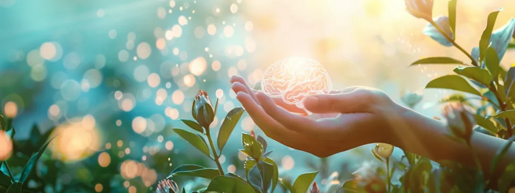 a serene nature setting bathed in soft pastel hues showcases a person reaching out amidst symbols of healing, like a brain and heart, embodying hope and compassion in the journey of addiction recovery.