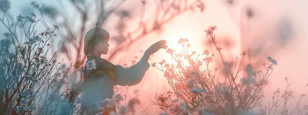 a serene nature setting bathed in soft pastel hues, featuring a silhouette of a person reaching out toward a bright, blooming flower, symbolizing the hopeful journey of recovery from addiction and the importance of emotional well-being.