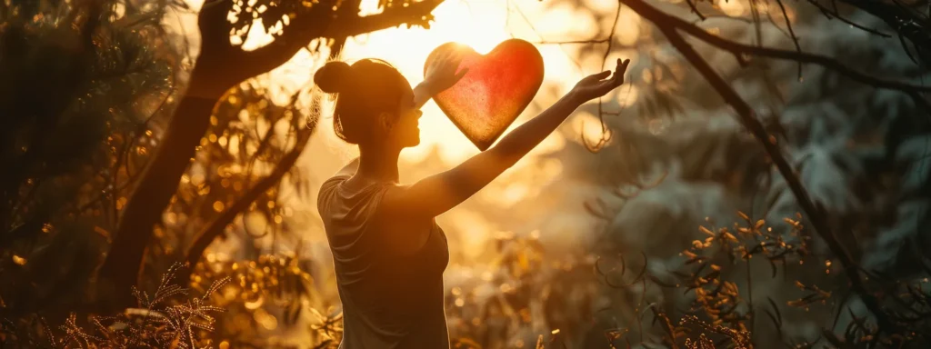 a serene nature setting bathed in soft morning light showcases a figure reaching out towards a vibrant heart symbol, embodying compassion and hope in the journey of recovery from addiction and mental health challenges.