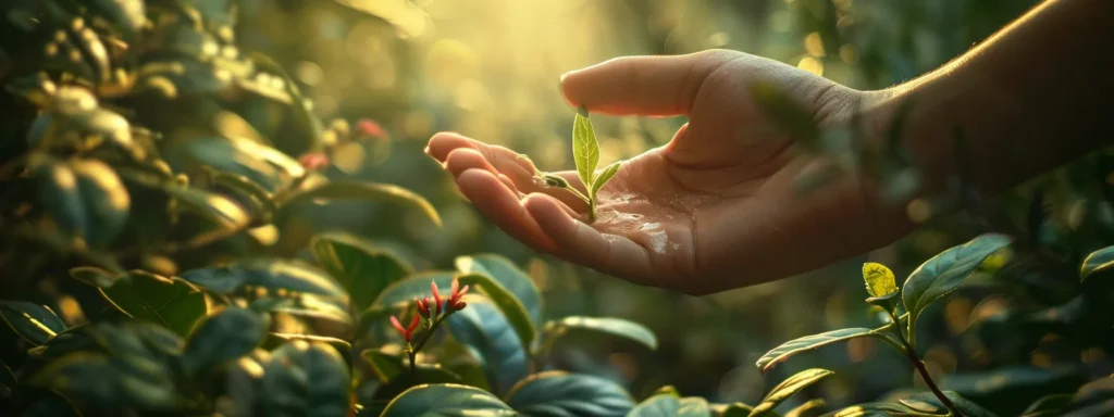a serene nature setting bathed in soft morning light shows an individual reaching out towards a vibrant, flourishing community of support, symbolizing hope and healing in the journey of addiction recovery.