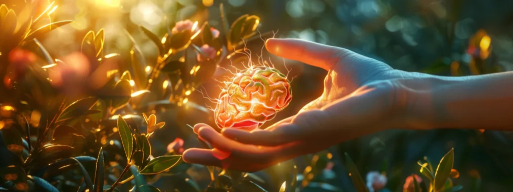 a serene nature setting bathed in soft morning light, featuring a person reaching out toward a vibrant, abstract representation of a heart and brain intertwined, symbolizing hope and compassion in the journey of addiction recovery.