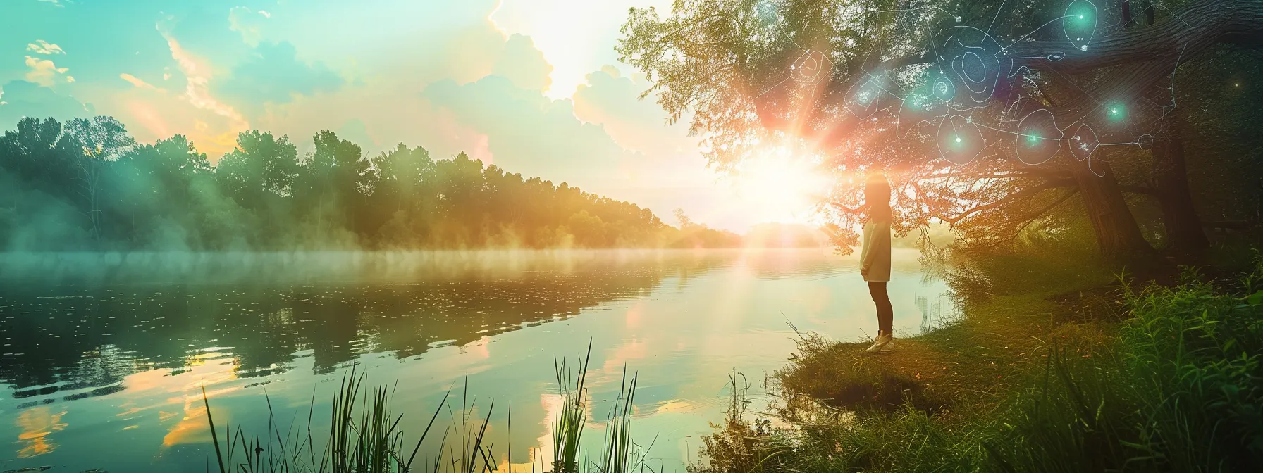 a serene nature setting depicts a person standing on the edge of a tranquil lake, surrounded by lush greenery, with soft pastel colors in the sky symbolizing hope and recovery, while ethereal symbols of a brain and heart subtly blend into the landscape, embodying the journey of healing in addiction and mental health treatment.