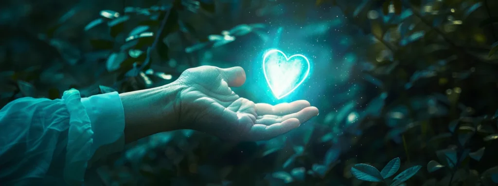 a serene nature setting envelops a person reaching out toward a glowing heart symbol, with calming blues and greens reflecting the journey of recovery and emotional well-being from addiction.