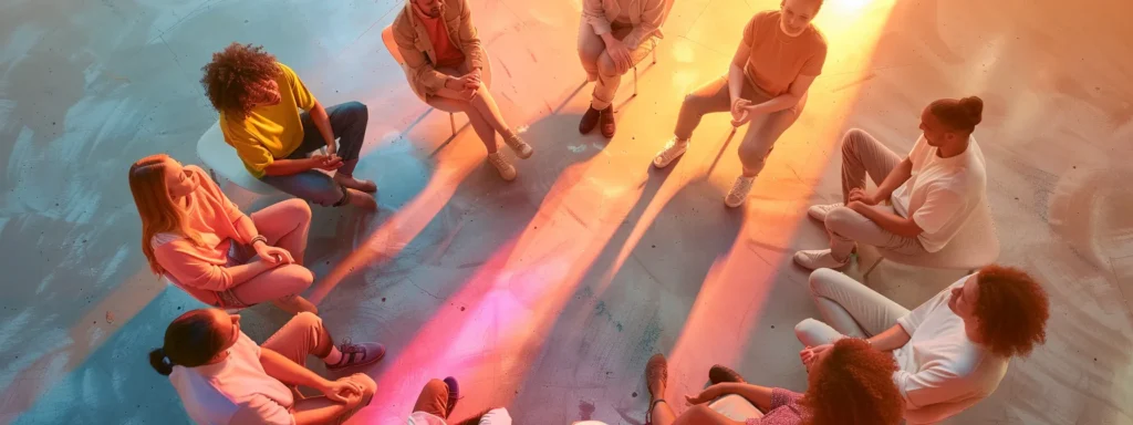 a serene nature setting featuring a diverse group engaged in a supportive therapy circle, surrounded by soft pastel colors, symbolizing hope and healing in the journey of recovery from addiction and mental health challenges.