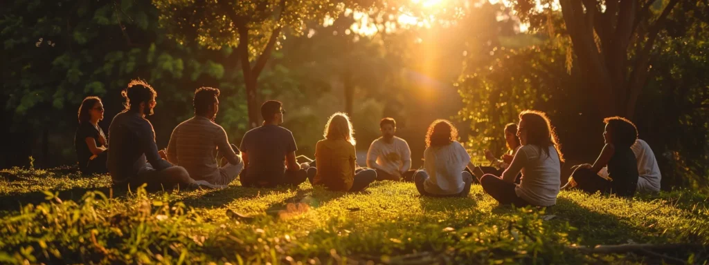 a serene nature setting featuring a diverse group of individuals in a supportive circle, bathed in soft morning light, symbolizing hope and healing in the journey of recovery from addiction.