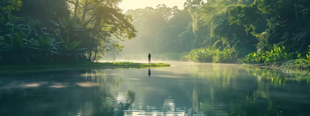 a serene nature setting unfolds, with a person standing at the edge of a tranquil lake, surrounded by lush greenery, symbolizing healing, as soft pastel colors embrace the scene, invoking a sense of hope and emotional well-being.
