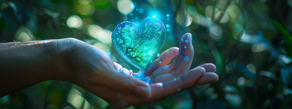 a serene nature setting with an individual reaching out towards a vibrant heart symbol, symbolizing hope and healing in the journey of addiction recovery, bathed in calming blues and greens to evoke emotional well-being.