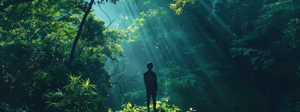 a serene nature setting with soft sunlight filtering through lush trees, featuring a silhouette of a person standing calmly, symbolizing hope and recovery from addiction amidst gentle colors of blue and green.