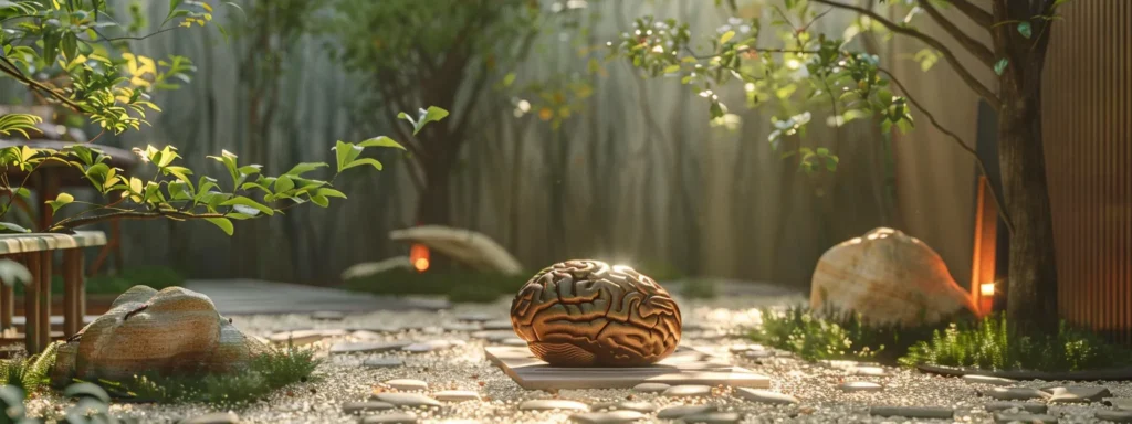 a serene outdoor setting bathed in soft, calming light, featuring a symbolic representation of healing with a brain and heart intertwined, reflecting the journey of recovery in dual diagnosis treatment.