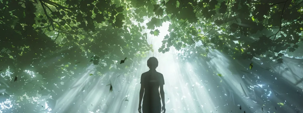 an individual stands at the edge of a serene forest, gazing upward towards the dappled sunlight filtering through the leaves, symbolizing hope and the beginning of a transformative journey toward recovery from substance abuse.