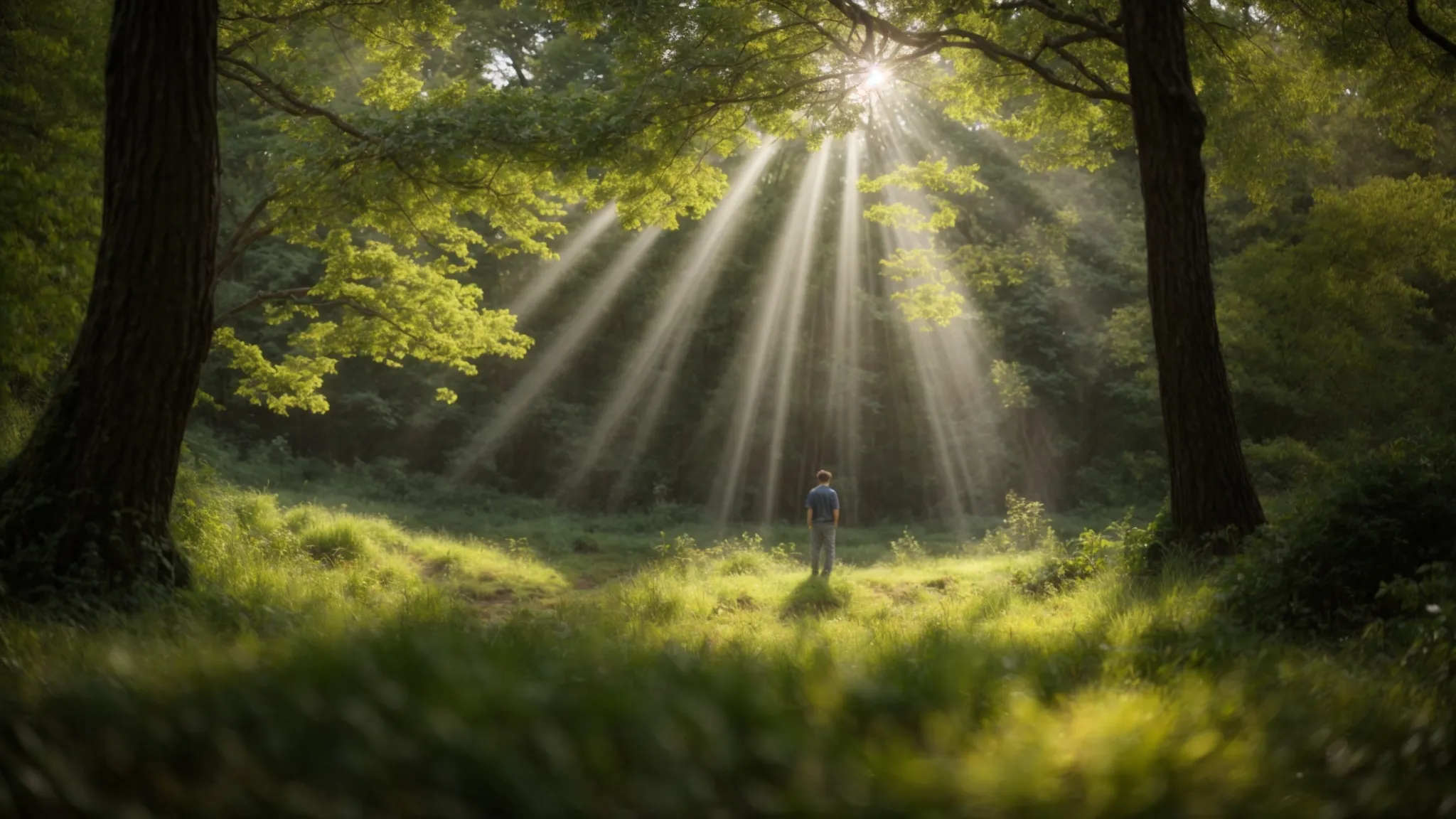 a serene forest glade bathed in soft, dappled sunlight, featuring a person standing at the edge, gazing towards a distant horizon, symbolizing hope and the journey of recovery in mental health and addiction treatment.