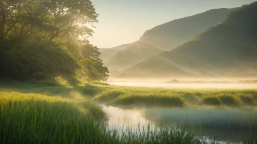 a serene landscape bathed in soft morning light features a solitary figure gazing towards a tranquil horizon, symbolizing the individual journey of healing within the realms of addiction and mental health, surrounded by gentle hues of blue and green that evoke a sense of hope and peace.