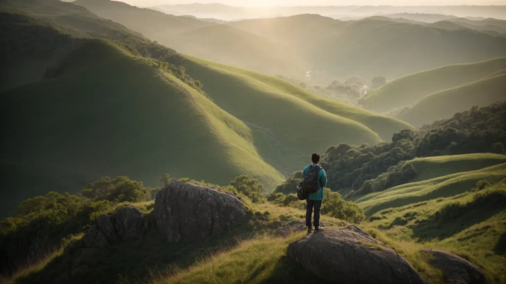 a serene landscape bathed in soft morning light features a person standing atop a hill with arms outstretched, symbolizing hope and emotional healing amidst a backdrop of gentle greens and calming blues, representing the journey towards mental well-being.
