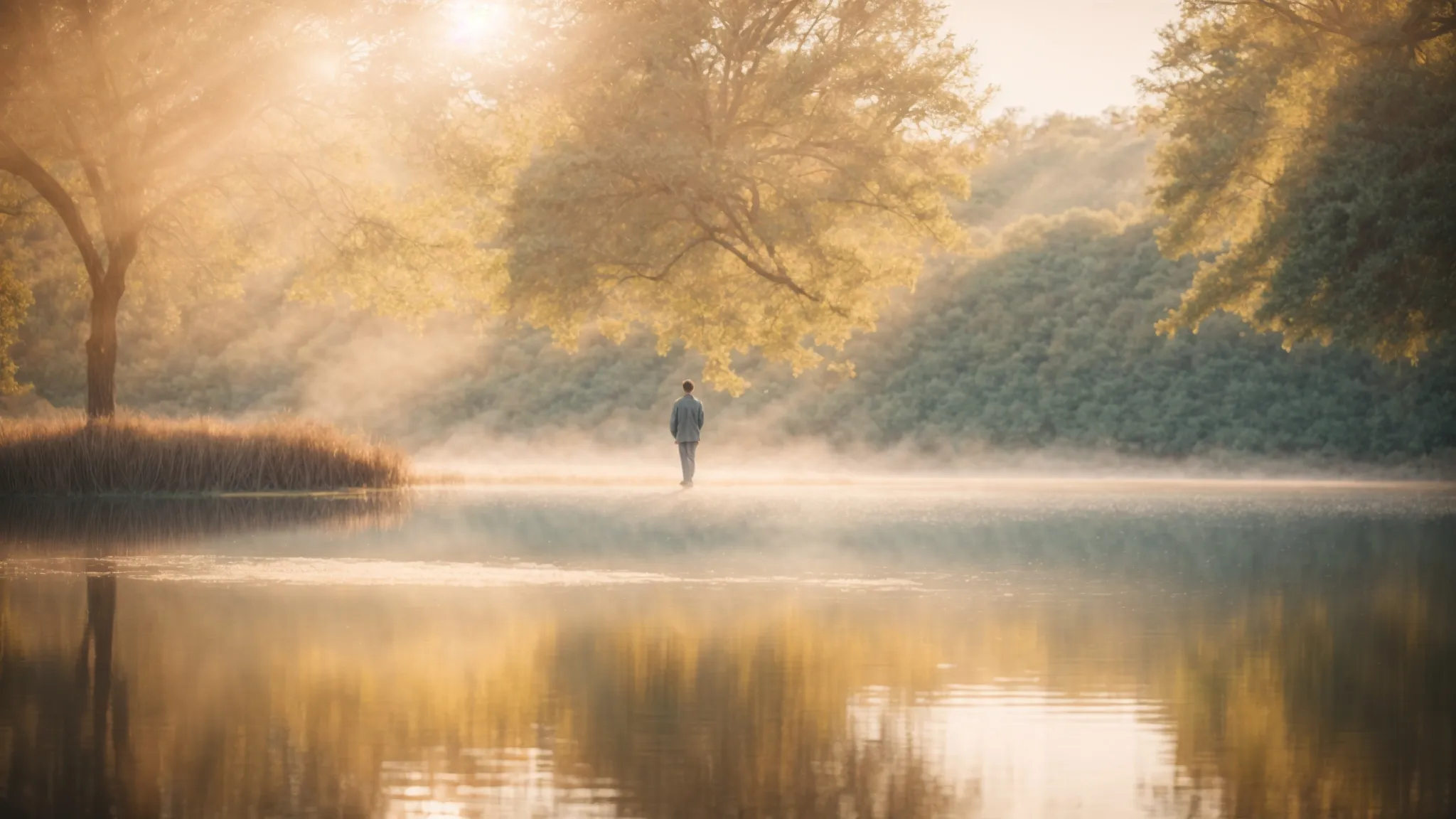 a serene landscape bathed in soft sunlight features a solitary figure standing at the edge of a tranquil lake, symbolizing hope and emotional healing, with gentle pastel hues reflecting the calmness of recovery from mental health challenges.
