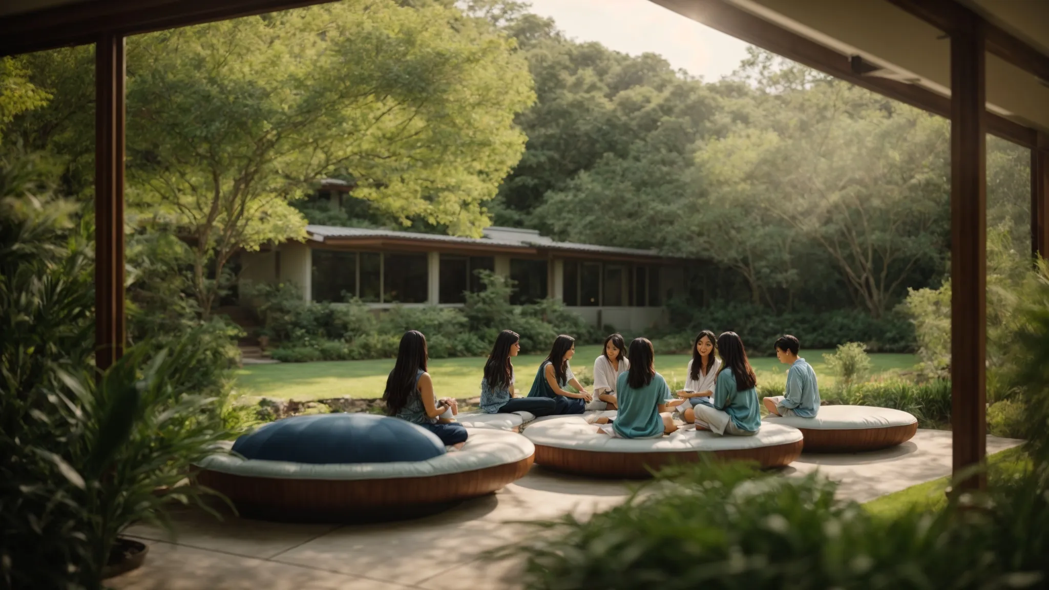 a serene landscape featuring a compassionate support group in a tranquil setting, surrounded by lush greenery and soft pastel colors, symbolizing healing and emotional well-being as individuals engage in open dialogue.