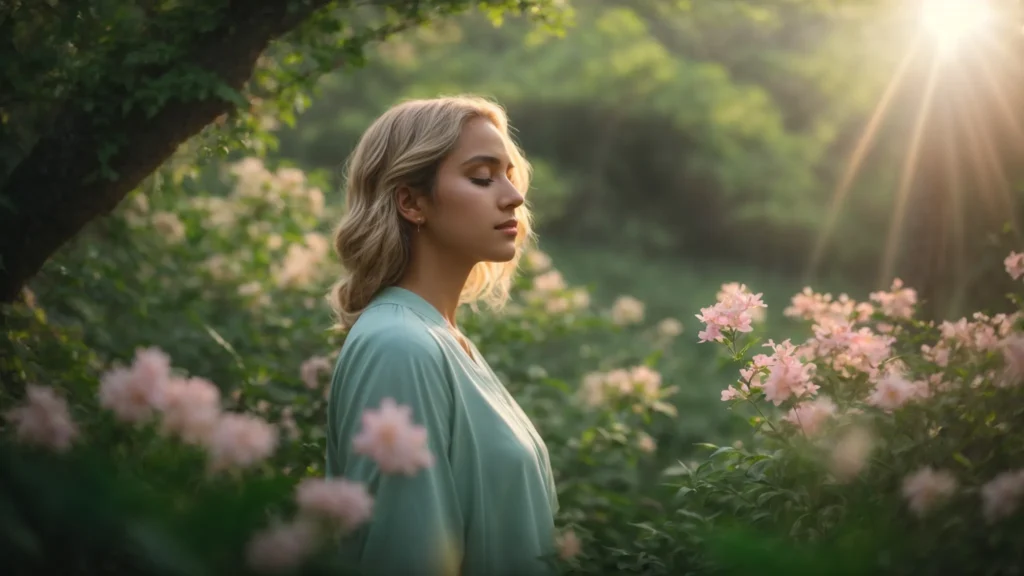 a serene nature scene bathed in soft pastel light, featuring a contemplative figure standing amidst lush greenery, symbolizing hope and emotional healing, with subtle hints of supportive elements like a glowing heart and tranquil brain motifs blending into the background.