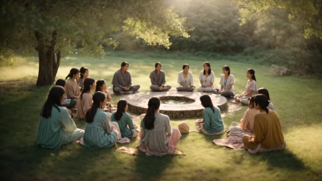 a serene nature scene bathed in soft pastel colors, featuring a compassionate support group gathered in a circle, symbolizing healing and emotional well-being through the warmth of their shared presence.