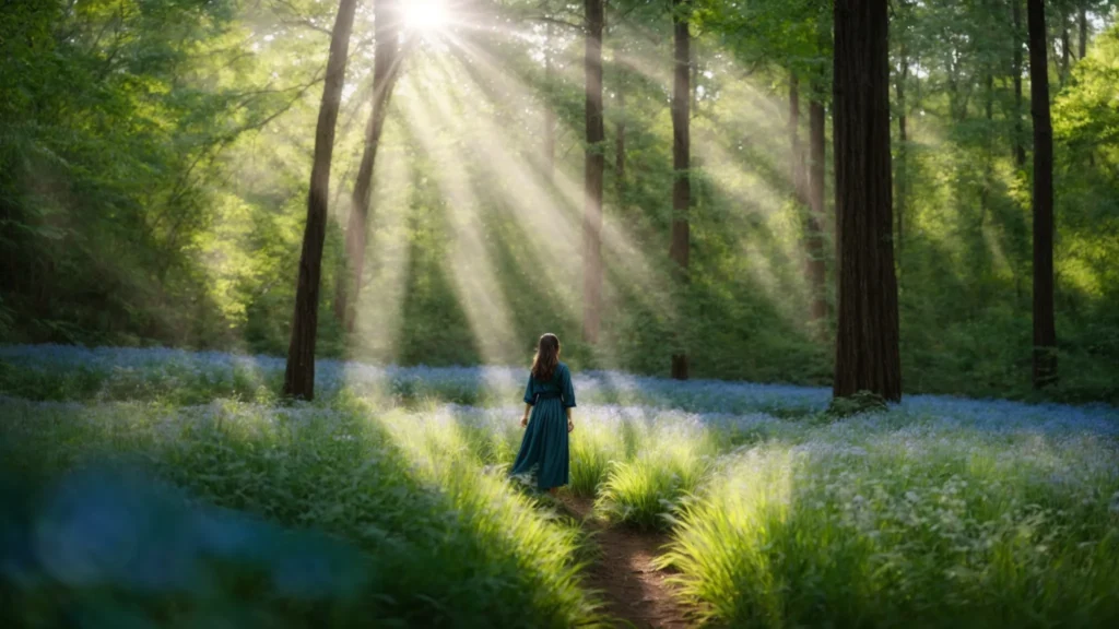 a serene nature scene unfolds with a person standing in a sun-drenched forest, symbolizing hope and recovery, surrounded by gentle greens and calming blues, embodying the essence of emotional healing and the journey towards well-being.