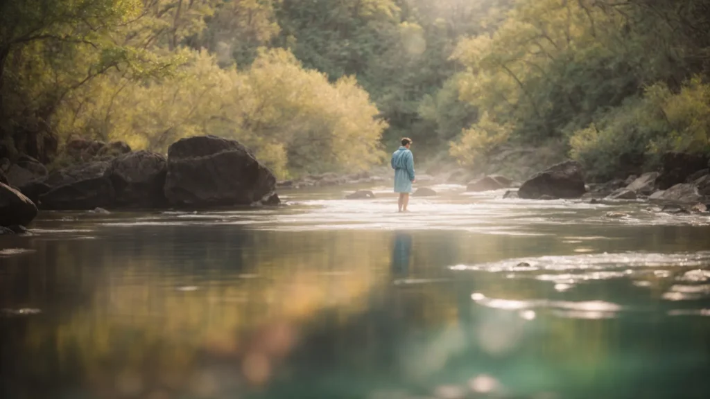a serene nature setting bathed in calming pastel colors features a person reaching out toward a gentle stream, symbolizing hope and compassion in the journey of addiction recovery and mental health treatment.