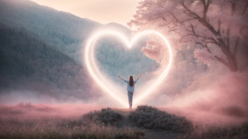 a serene nature setting bathed in soft pastel hues features a person reaching out towards a glowing heart symbol, embodying hope and resilience in the journey of mental health recovery.