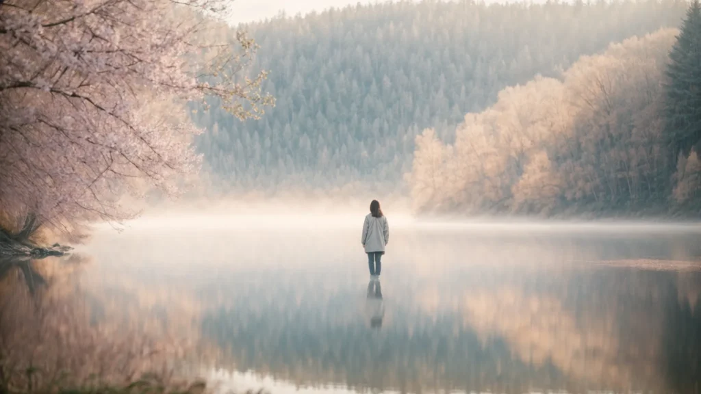 a serene nature setting bathed in soft pastel tones features a person standing at the edge of a tranquil lake, symbolizing hope and healing in the journey of mental health recovery.