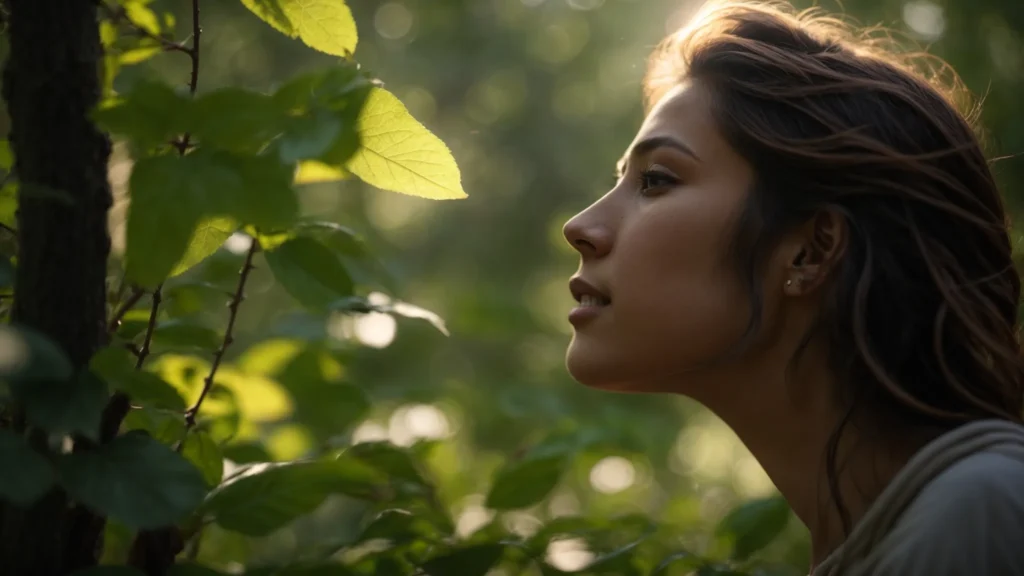 a serene nature setting bathed in soft morning light, featuring an individual gazing upward with a look of hope, surrounded by symbolic elements like a glowing heart and a vibrant brain, embodying the journey of recovery and emotional well-being.