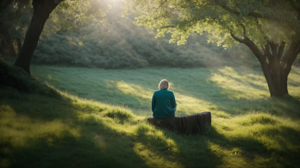 a serene nature setting bathed in soft morning light captures a solitary figure thoughtfully gazing towards a supportive group nearby, symbolizing the journey of therapy with gentle hues of blue and green that evoke hope and compassion.