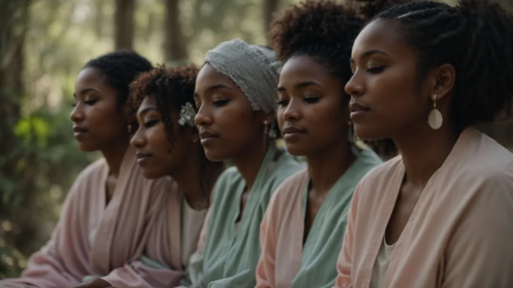 a serene nature setting bathed in soft pastel colors showcases a diverse support group engaged in expressive therapy, symbolizing healing and compassion as they come together in a moment of shared understanding and emotional recovery.