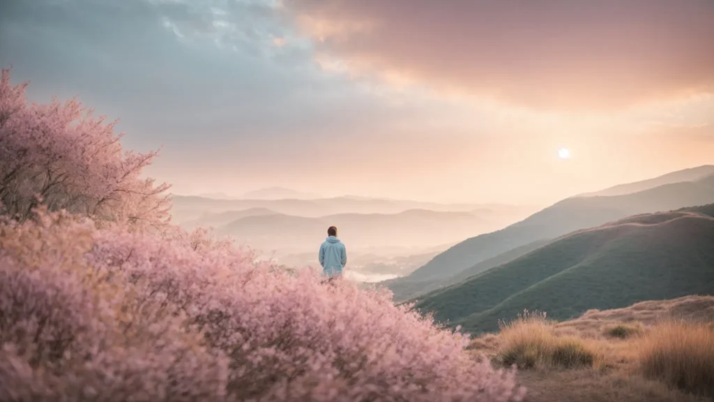 a serene nature setting bathed in soft pastel hues, featuring a person gazing hopefully towards the horizon, symbolizing the journey of recovery and emotional well-being in mental health treatment.