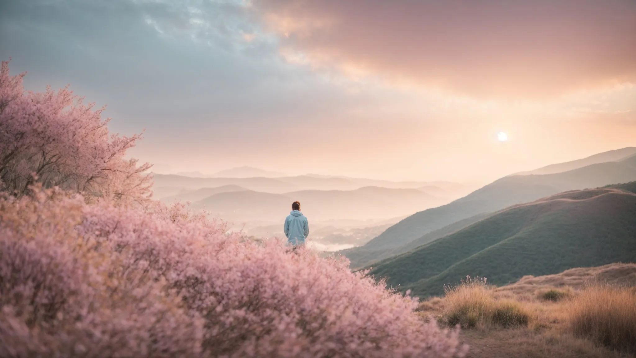 a serene nature setting bathed in soft pastel hues, featuring a person gazing hopefully towards the horizon, symbolizing the journey of recovery and emotional well-being in mental health treatment.