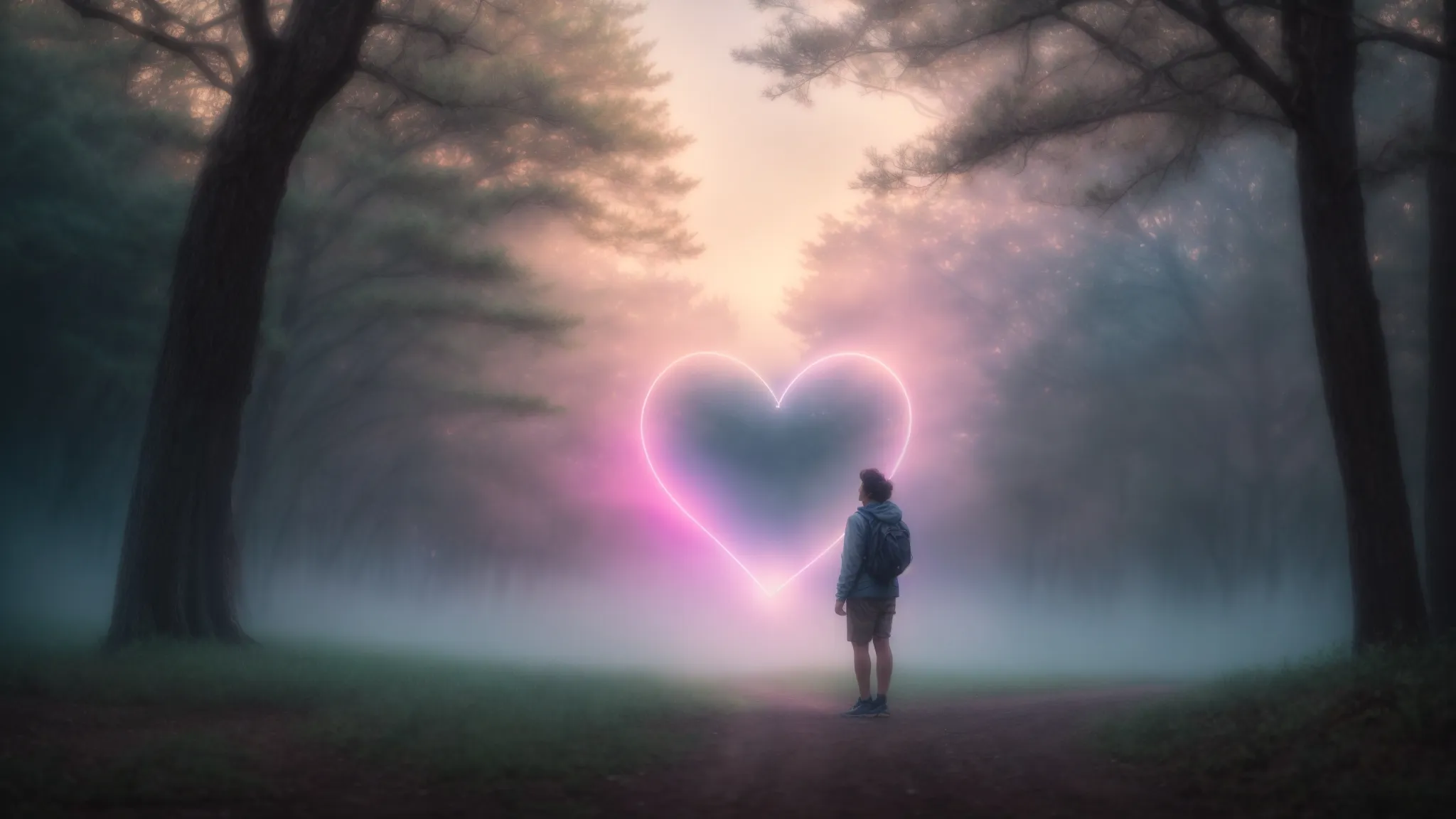 a serene nature setting bathed in soft pastels, featuring a silhouette of a person reaching out towards a glowing heart symbol, embodying hope and compassion in the journey of addiction recovery.