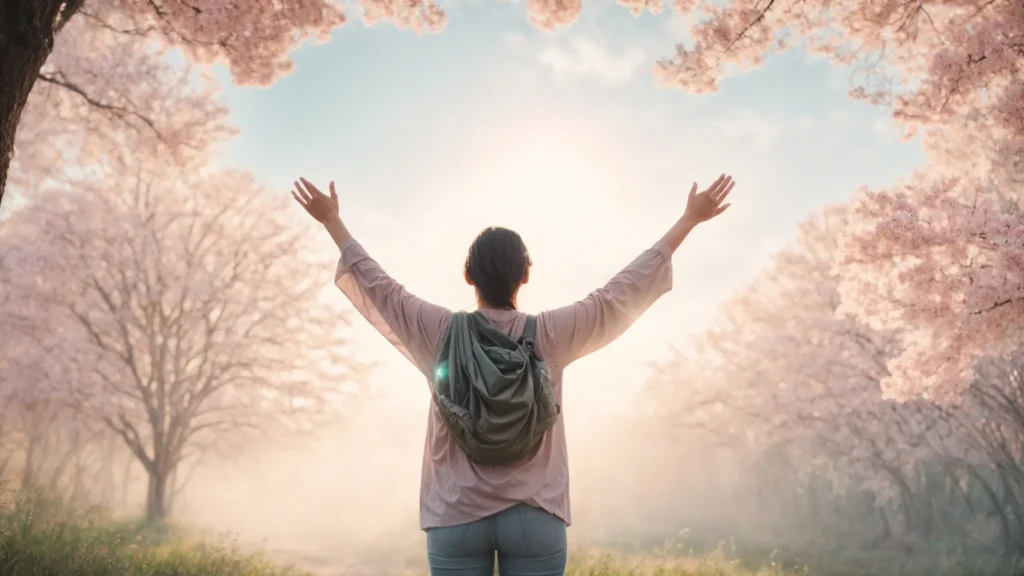 a serene nature setting bathed in soft, pastel hues showcases a person with their arms outstretched towards the sky, symbolizing hope and healing in the journey of emdr therapy for ptsd.
