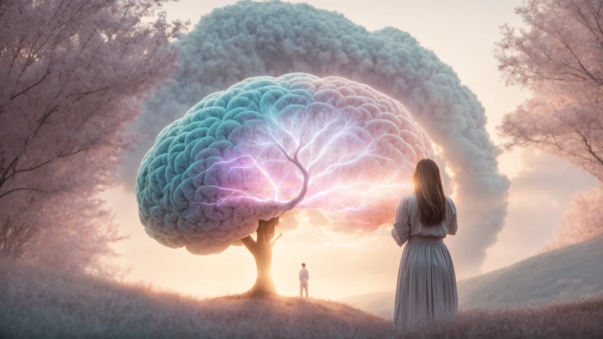 a serene nature setting bathed in soft pastel hues, featuring a person reaching towards a glowing brain symbol, embodying hope and healing in the journey of mental health recovery.