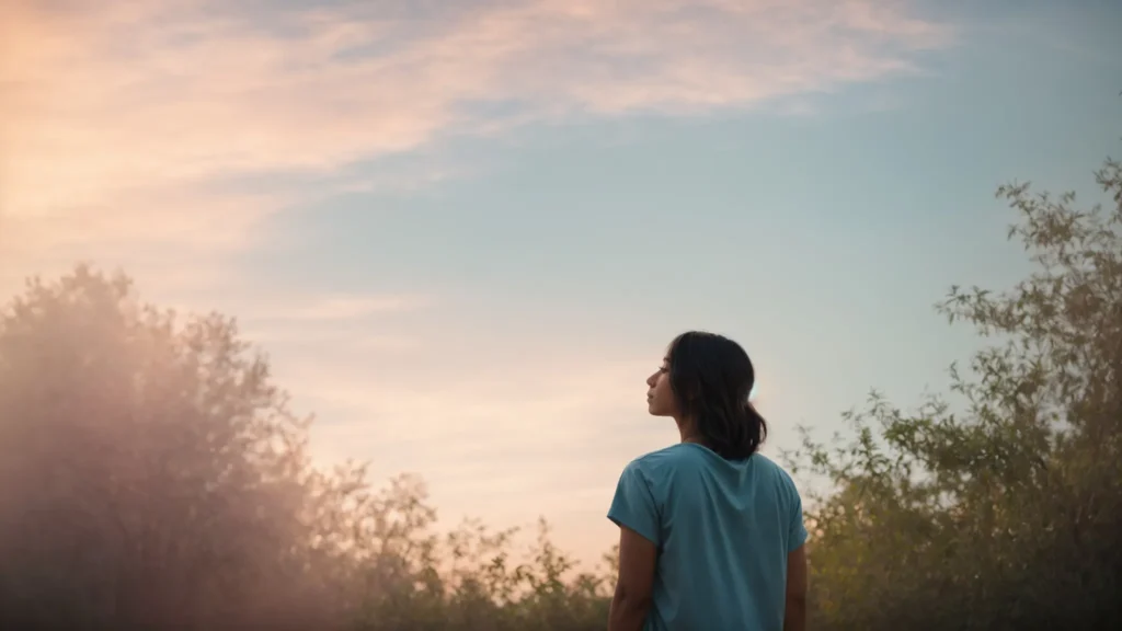 a serene nature setting bathed in soft pastel hues, featuring a silhouette of a person gazing upward with a hopeful expression, symbolizing the journey of healing and emotional well-being in addiction and mental health treatment.