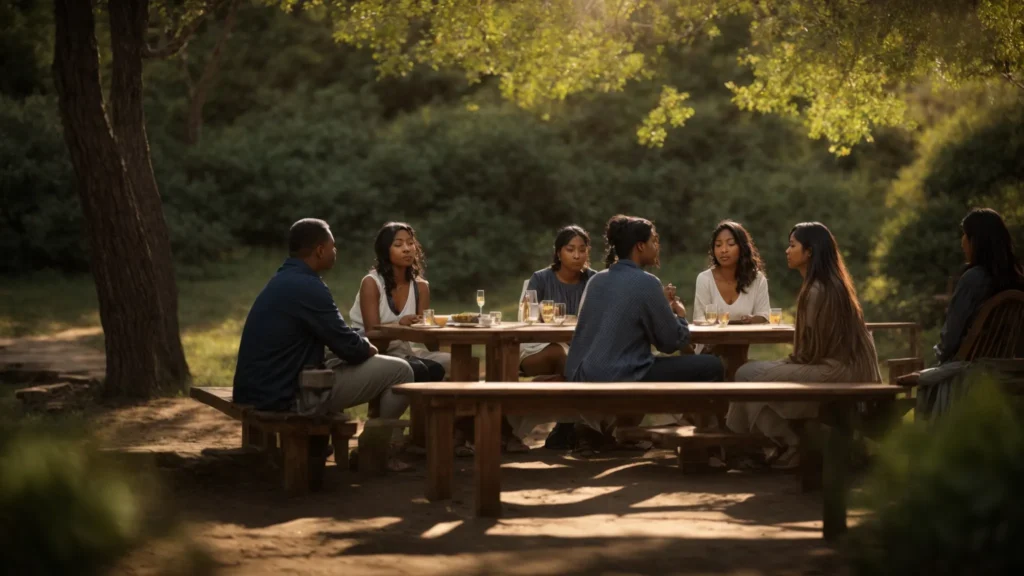 a serene nature setting bathed in soft morning light, featuring a diverse support group engaged in an open and empathetic conversation, symbolizing healing and emotional well-being through the interconnectedness of the human heart and mind.