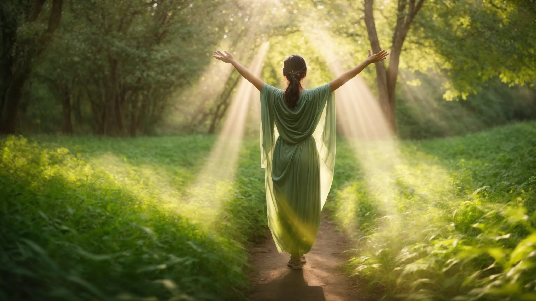 a serene nature setting bathed in soft pastel colors features a person standing with open arms, symbolizing hope and recovery, as gentle rays of sunlight filter through vibrant green leaves, embodying the healing journey of emdr therapy for ptsd.