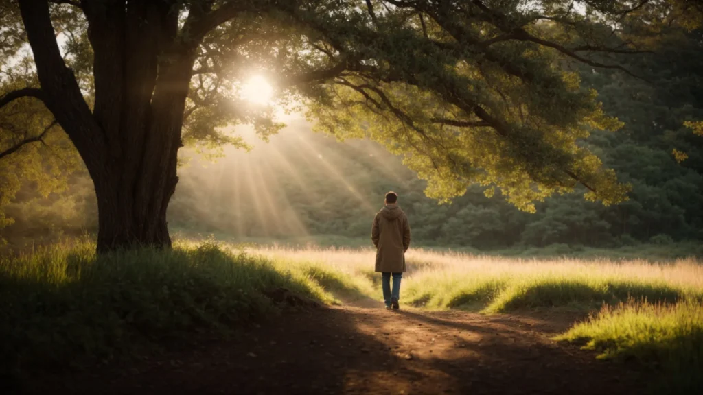 a serene nature setting bathed in soft morning light, featuring a solitary figure gazing towards a distant horizon, symbolizing hope and emotional healing in the journey of recovery from addiction and mental health challenges.