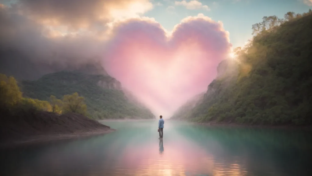 a serene nature setting bathed in soft pastel light showcases a solitary figure reaching out towards a vibrant heart-shaped cloud, symbolizing hope and healing in the journey of personal development and mental health recovery.