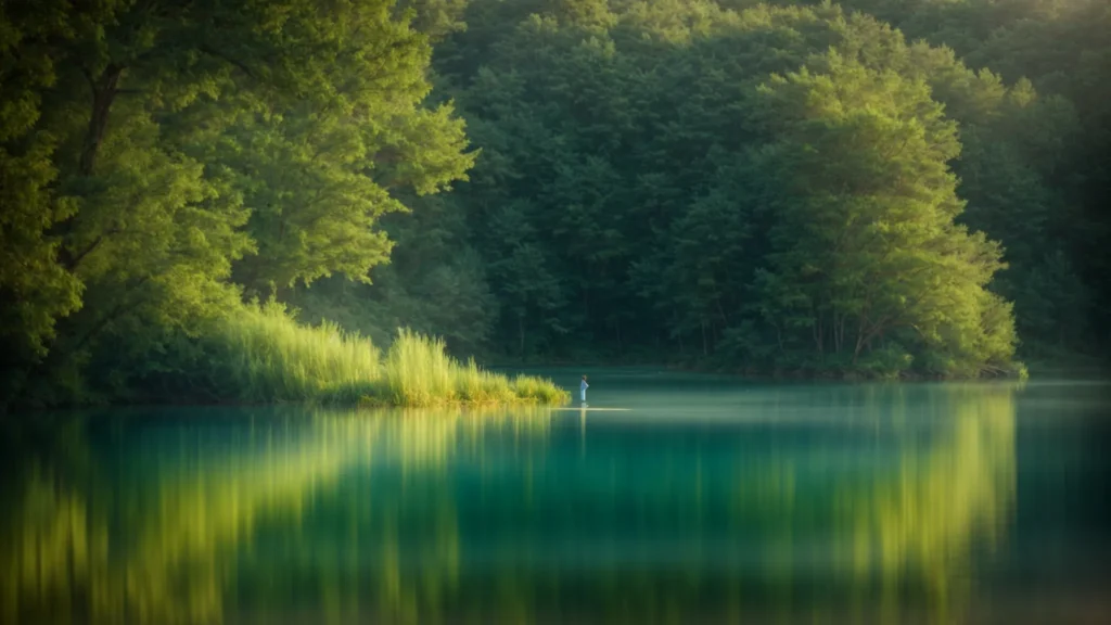 a serene nature setting bathed in soft morning light features a figure standing at the edge of a tranquil lake, symbolizing hope and emotional healing with gentle hues of blue and green.