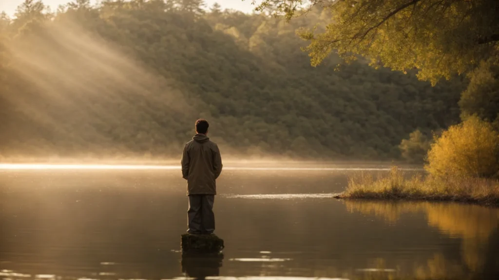 a serene nature setting bathed in warm, soft sunlight features an individual standing at a tranquil lake, symbolizing hope and recovery from mental health challenges, with subtle imagery of a heart and brain blending into the landscape to evoke compassion and healing.