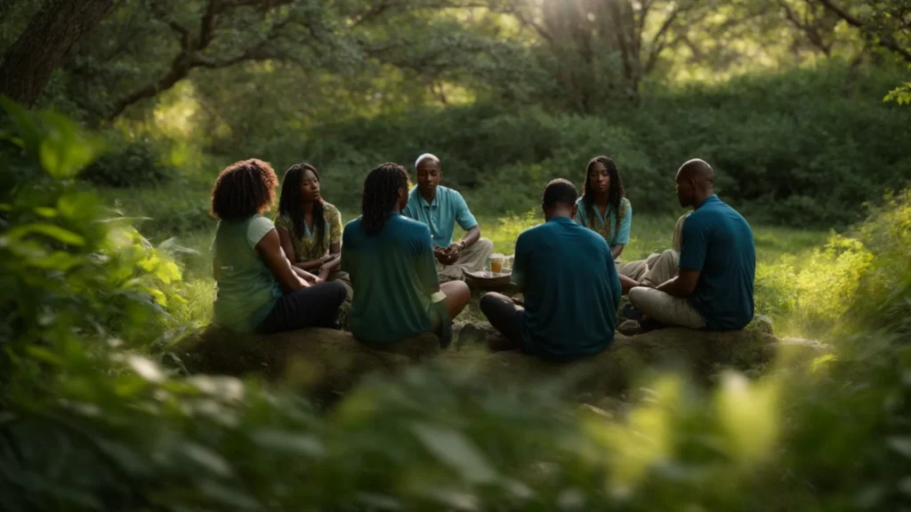 a serene nature setting captures the essence of recovery, featuring a diverse group of individuals engaged in a supportive circle, surrounded by calming blues and greens, symbolizing hope and the compassionate journey of mental health treatment.