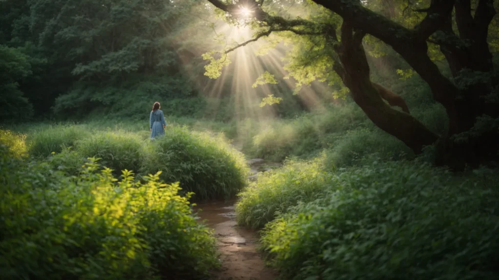 a serene nature setting embodies the theme of recovery, featuring a person reaching towards a radiant path illuminated by soft blues and greens, symbolizing healing and emotional well-being in the context of addiction and mental health treatment.