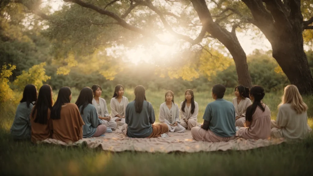 a serene nature setting envelops a diverse support group gathered in a circle, bathed in soft pastel hues, symbolizing hope and healing as they share their journeys towards recovery.