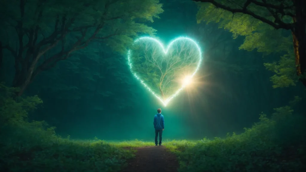 a serene nature setting envelops a person reaching out toward a glowing heart and brain symbol, surrounded by soft blues and greens, evoking a sense of healing, compassion, and hope in the journey of mental health recovery.