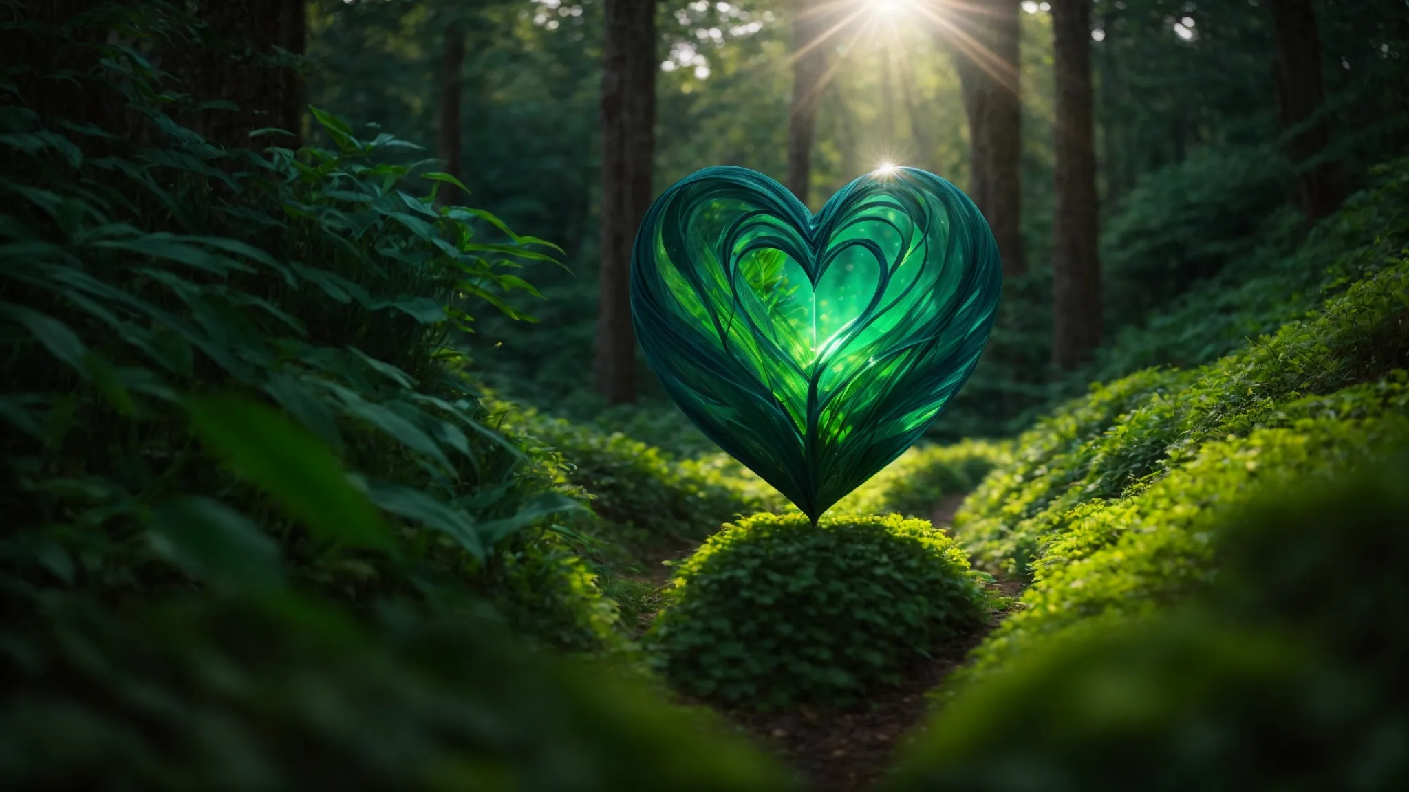 a serene nature setting features a person reaching out toward a luminous heart symbol amidst vibrant greens and calming blues, embodying hope and compassion in the journey of recovery and mental well-being.
