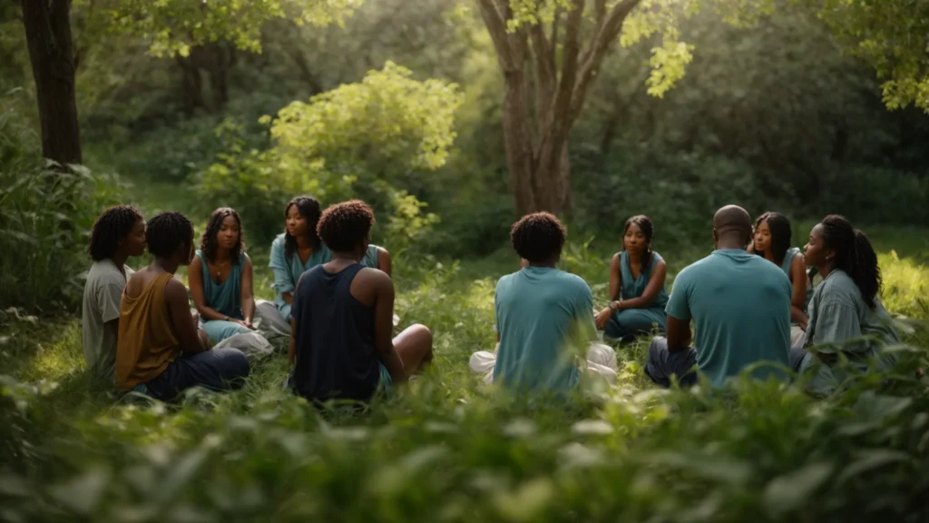 a serene nature setting featuring a diverse group of individuals engaged in a supportive circle, surrounded by soft greens and calming blues, symbolizing hope and healing in their journey toward recovery.