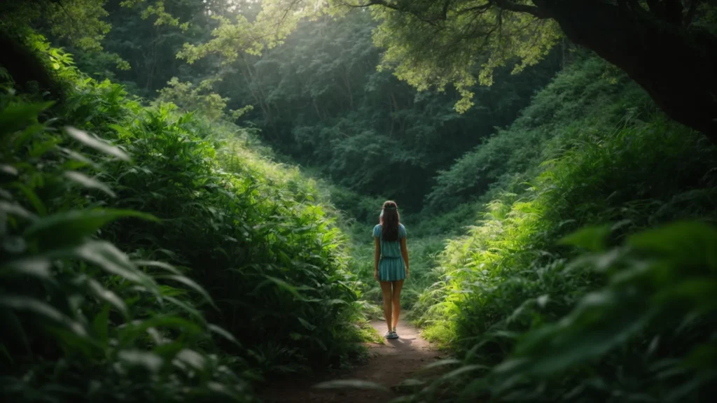 a serene nature setting featuring a person standing amidst lush greenery, symbolizing emotional growth and recovery, with soft blue and green tones evoking a sense of hope and peace, while subtle elements like a heart and brain icon suggest healing and compassion.