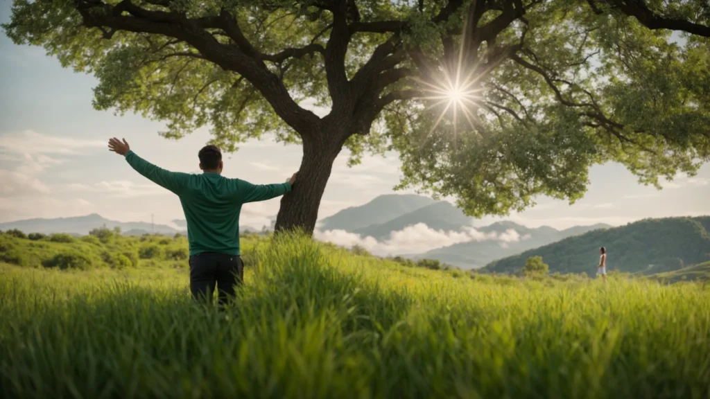 a serene nature setting fills the foreground with soft green hues, where a person stands with outstretched arms toward a bright sky, symbolizing hope and recovery in the context of behavioral therapy for mental health and addiction support.